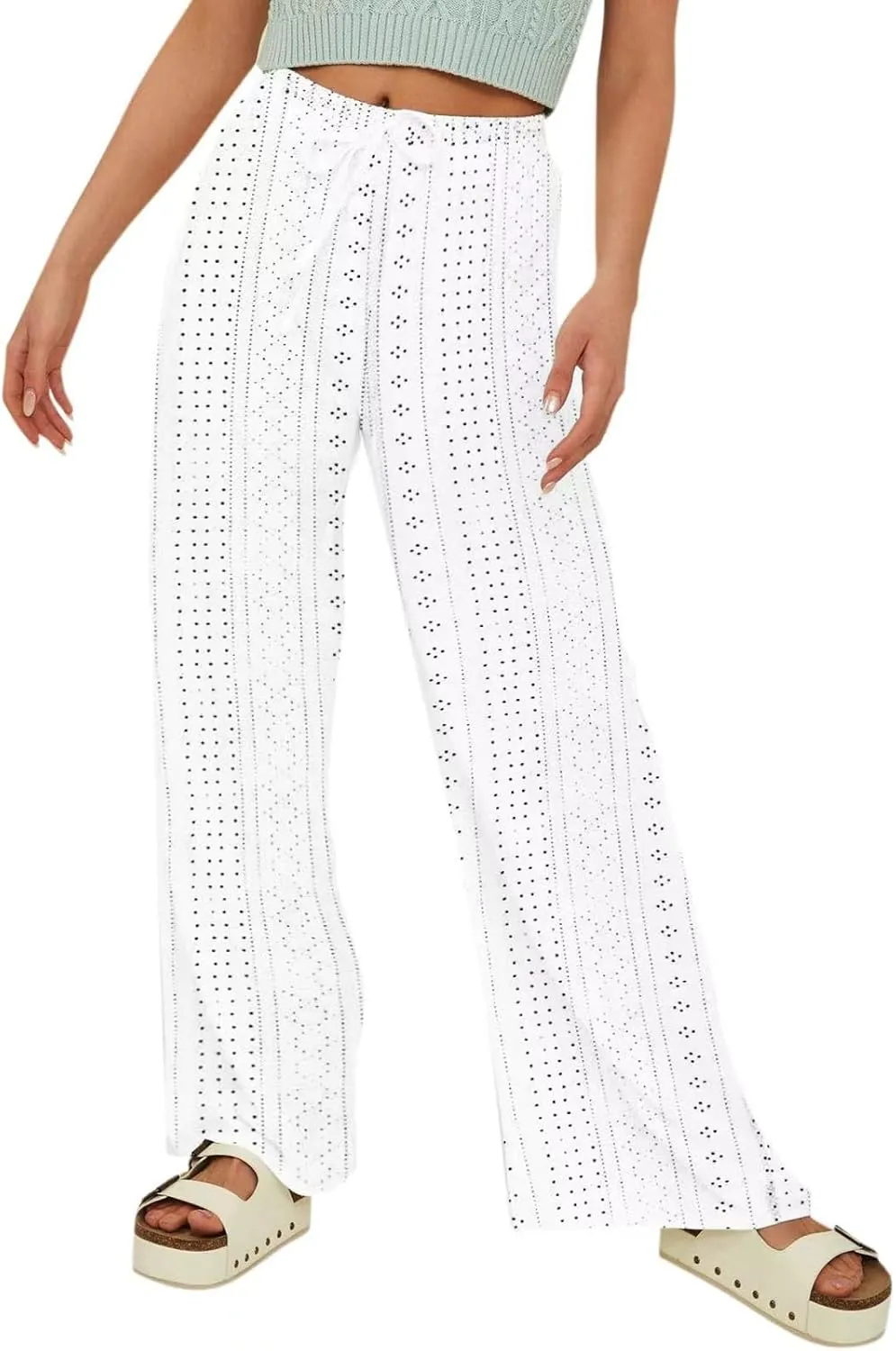 Summer Pants for Women Eyelet Linen Pants Loose Fit Straight Leg Pants Casual Elastic Waist Pants Baggy Beach Pants