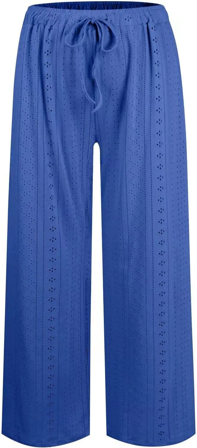 Summer Pants for Women Eyelet Linen Pants Loose Fit Straight Leg Pants Casual Elastic Waist Pants Baggy Beach Pants