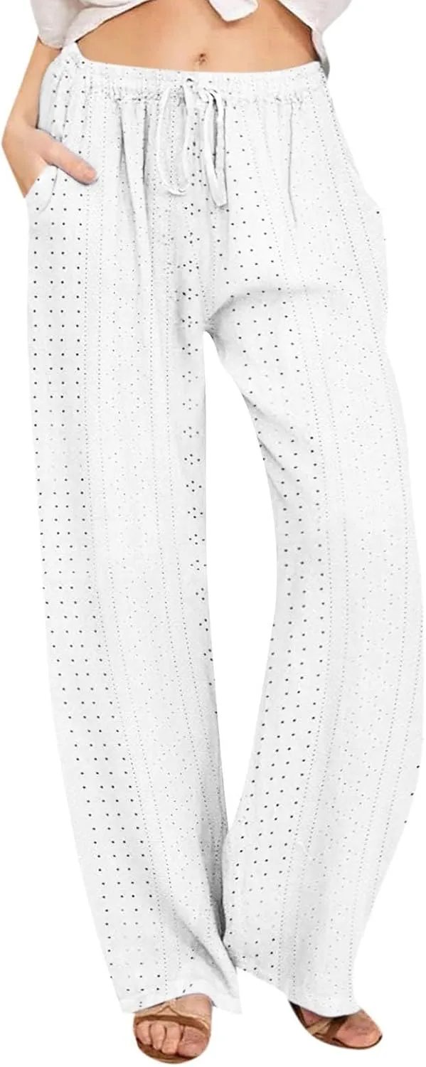 Summer Pants for Women Eyelet Linen Pants Loose Fit Straight Leg Pants Casual Elastic Waist Pants Baggy Beach Pants