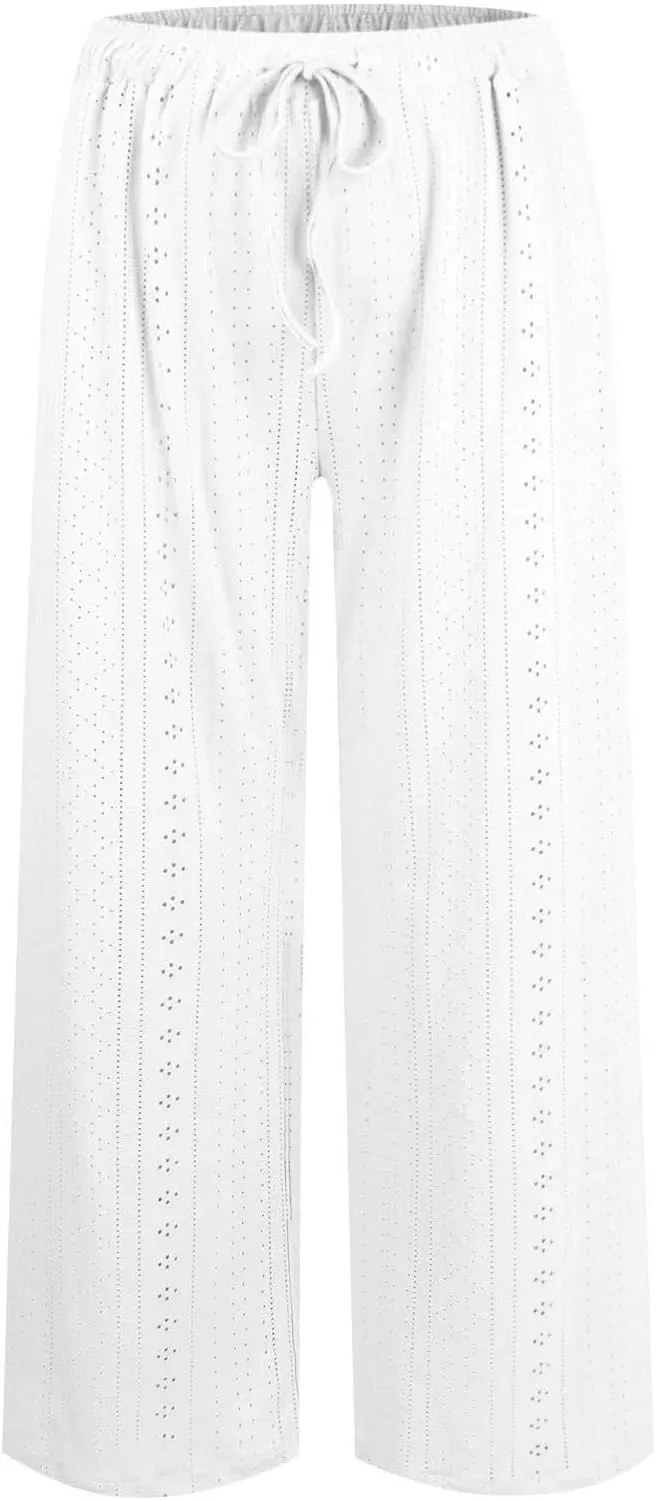 Summer Pants for Women Eyelet Linen Pants Loose Fit Straight Leg Pants Casual Elastic Waist Pants Baggy Beach Pants