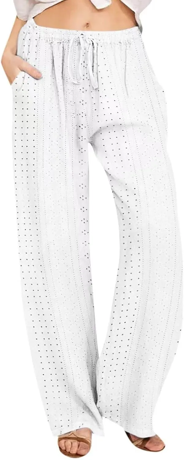 Summer Pants for Women Eyelet Linen Pants Loose Fit Straight Leg Pants Casual Elastic Waist Pants Baggy Beach Pants