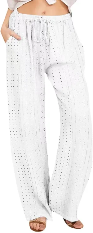 Summer Pants for Women Eyelet Linen Pants Loose Fit Straight Leg Pants Casual Elastic Waist Pants Baggy Beach Pants