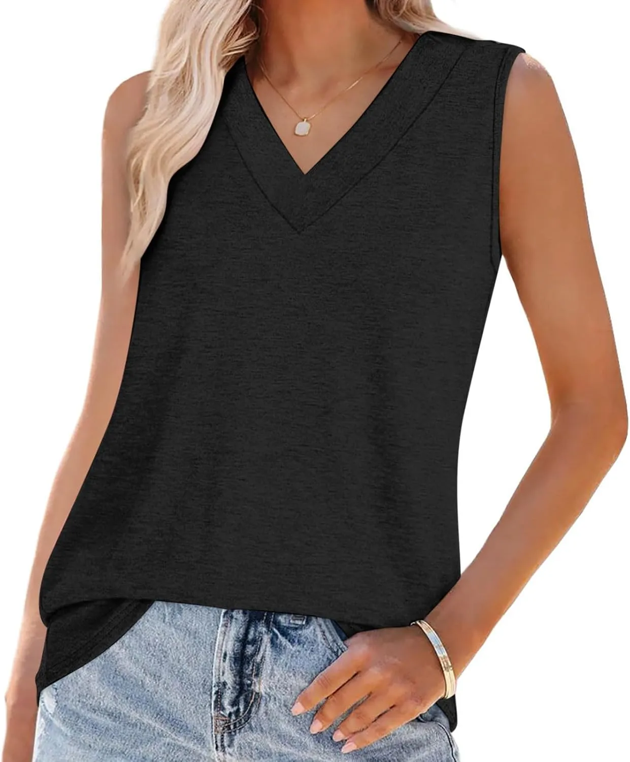 Summer V Neck Tunic Tank Tops Women Comfy Casual Loose Fit Sleeveless Shirt Beach Vacation Loungewear Tanks Blouse