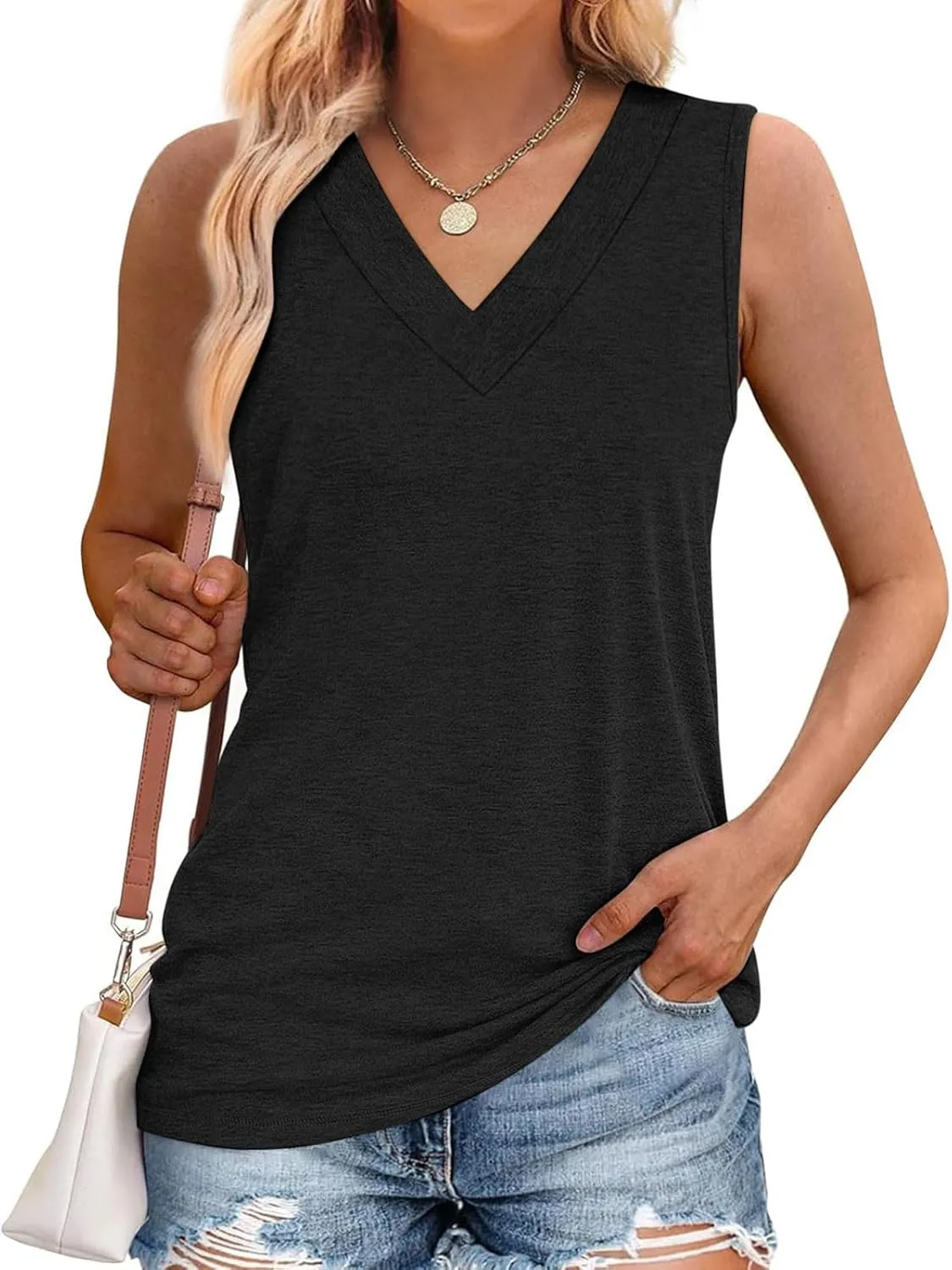 Summer V Neck Tunic Tank Tops Women Comfy Casual Loose Fit Sleeveless Shirt Beach Vacation Loungewear Tanks Blouse