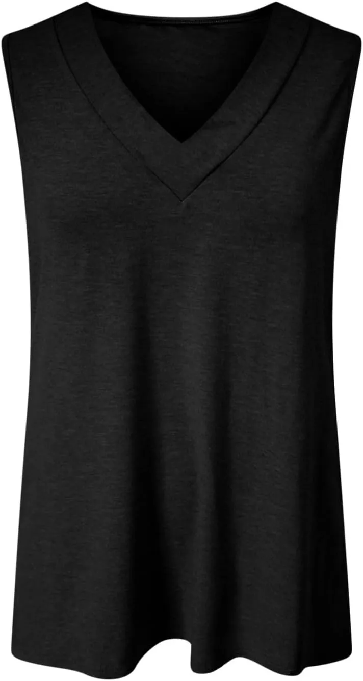 Summer V Neck Tunic Tank Tops Women Comfy Casual Loose Fit Sleeveless Shirt Beach Vacation Loungewear Tanks Blouse