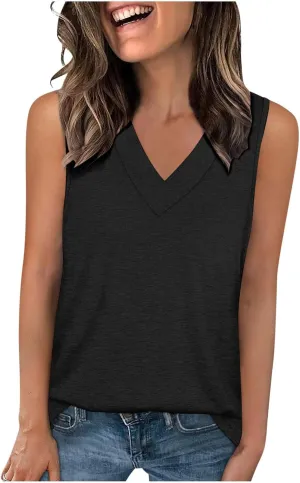 Summer V Neck Tunic Tank Tops Women Comfy Casual Loose Fit Sleeveless Shirt Beach Vacation Loungewear Tanks Blouse