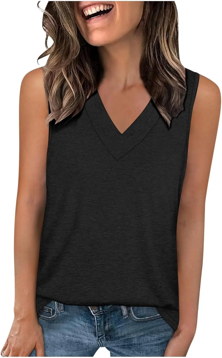 Summer V Neck Tunic Tank Tops Women Comfy Casual Loose Fit Sleeveless Shirt Beach Vacation Loungewear Tanks Blouse