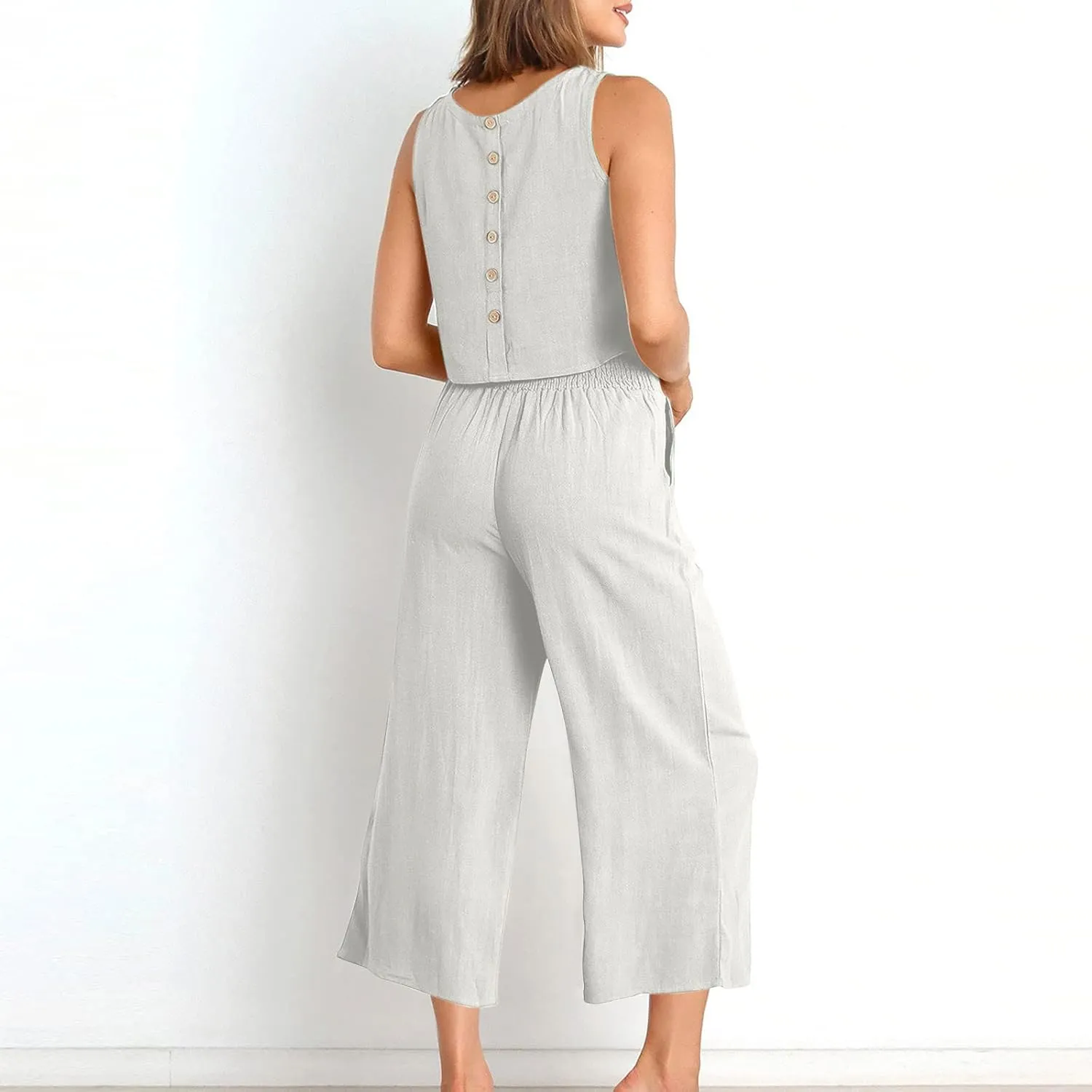 Summer Vacation 2 Piece Outfits For Women 2024 Sleeveless Crop Top Capri Wide Leg Pants Matching Lounge Set Linen Sets