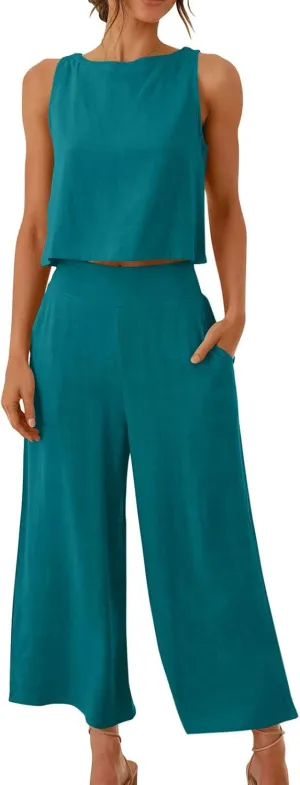 Summer Vacation 2 Piece Outfits For Women 2024 Sleeveless Crop Top Capri Wide Leg Pants Matching Lounge Set Linen Sets