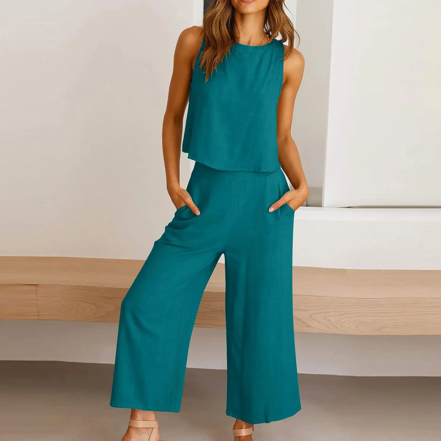 Summer Vacation 2 Piece Outfits For Women 2024 Sleeveless Crop Top Capri Wide Leg Pants Matching Lounge Set Linen Sets