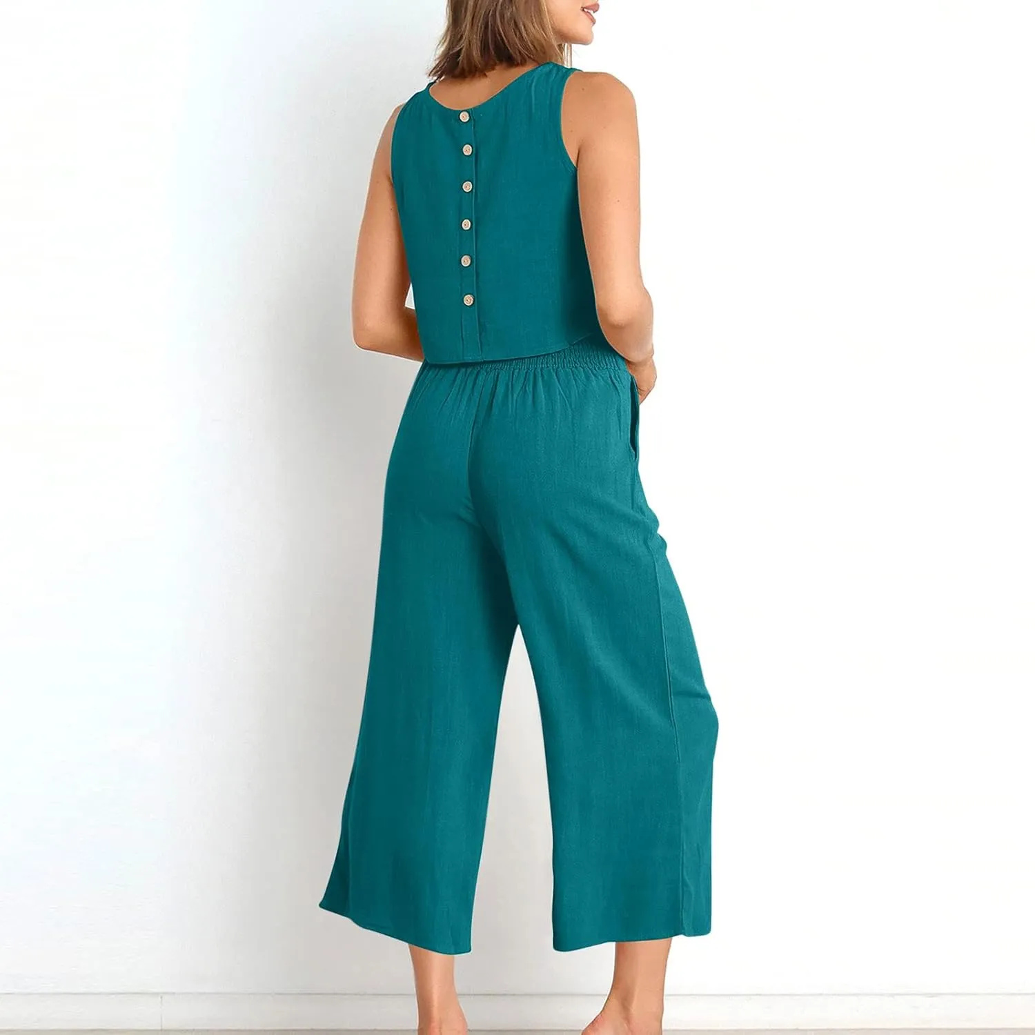Summer Vacation 2 Piece Outfits For Women 2024 Sleeveless Crop Top Capri Wide Leg Pants Matching Lounge Set Linen Sets