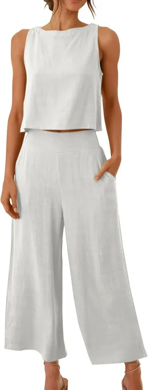 Summer Vacation 2 Piece Outfits For Women 2024 Sleeveless Crop Top Capri Wide Leg Pants Matching Lounge Set Linen Sets