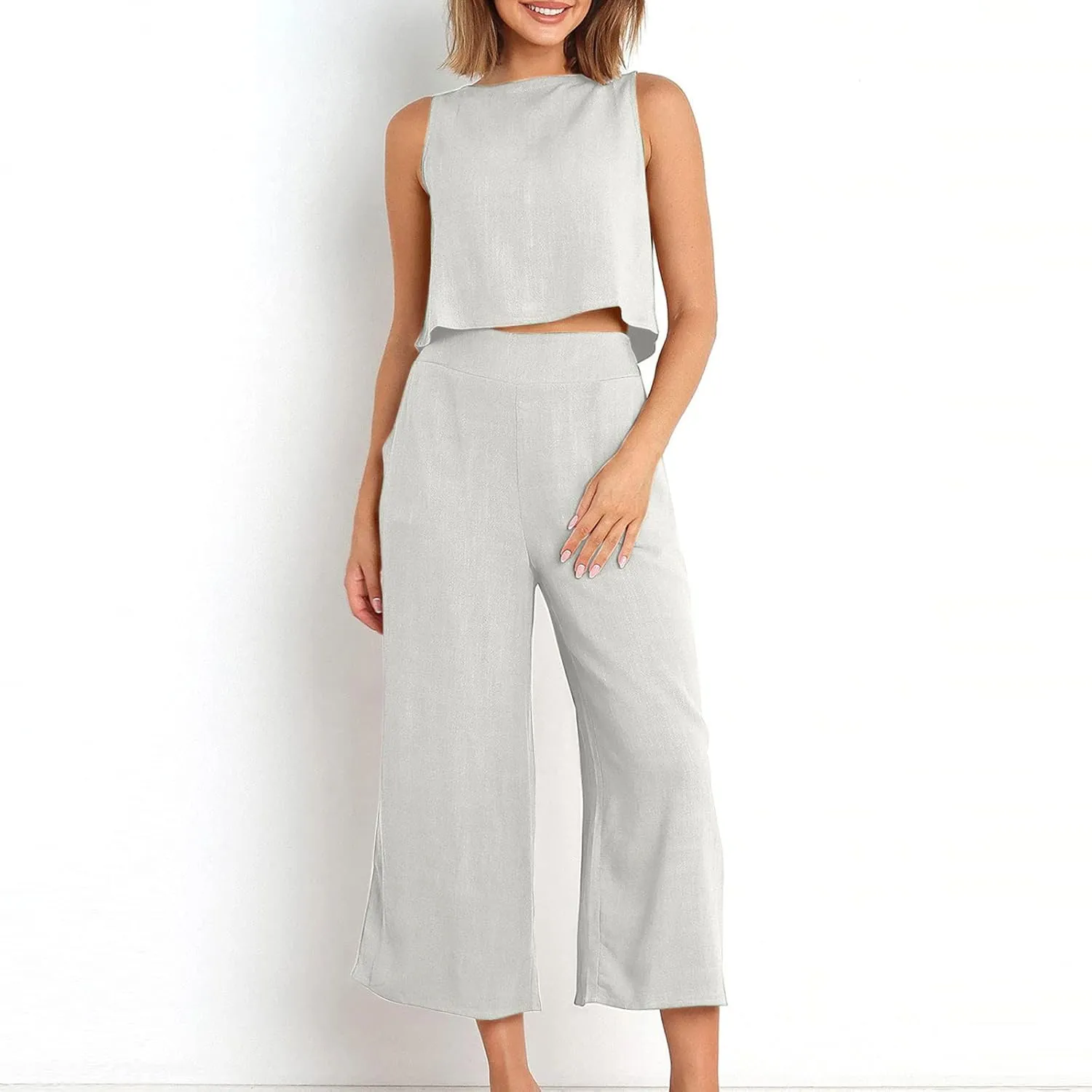 Summer Vacation 2 Piece Outfits For Women 2024 Sleeveless Crop Top Capri Wide Leg Pants Matching Lounge Set Linen Sets