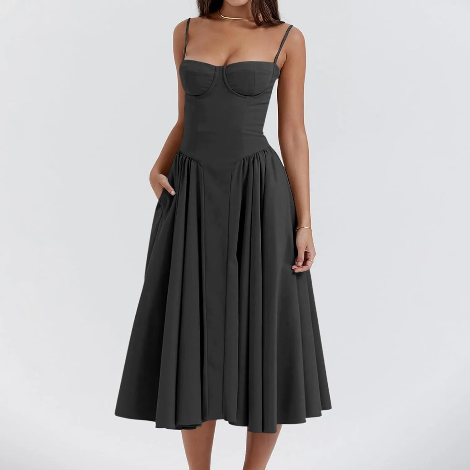 Summer Womens Corset Dress Elegant Spaghetti Strap Bustier Midi Dress Trendy Flowy Pleated Hem Low Cut Prom Dresses