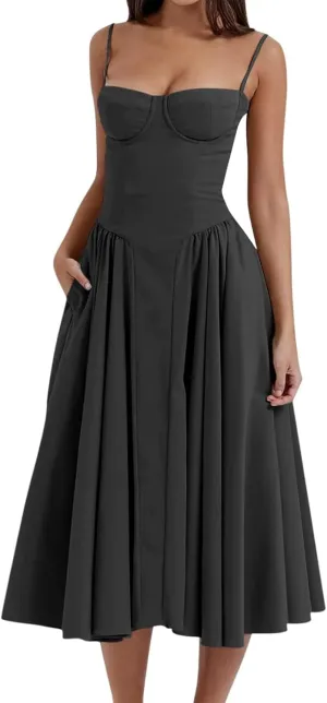 Summer Womens Corset Dress Elegant Spaghetti Strap Bustier Midi Dress Trendy Flowy Pleated Hem Low Cut Prom Dresses