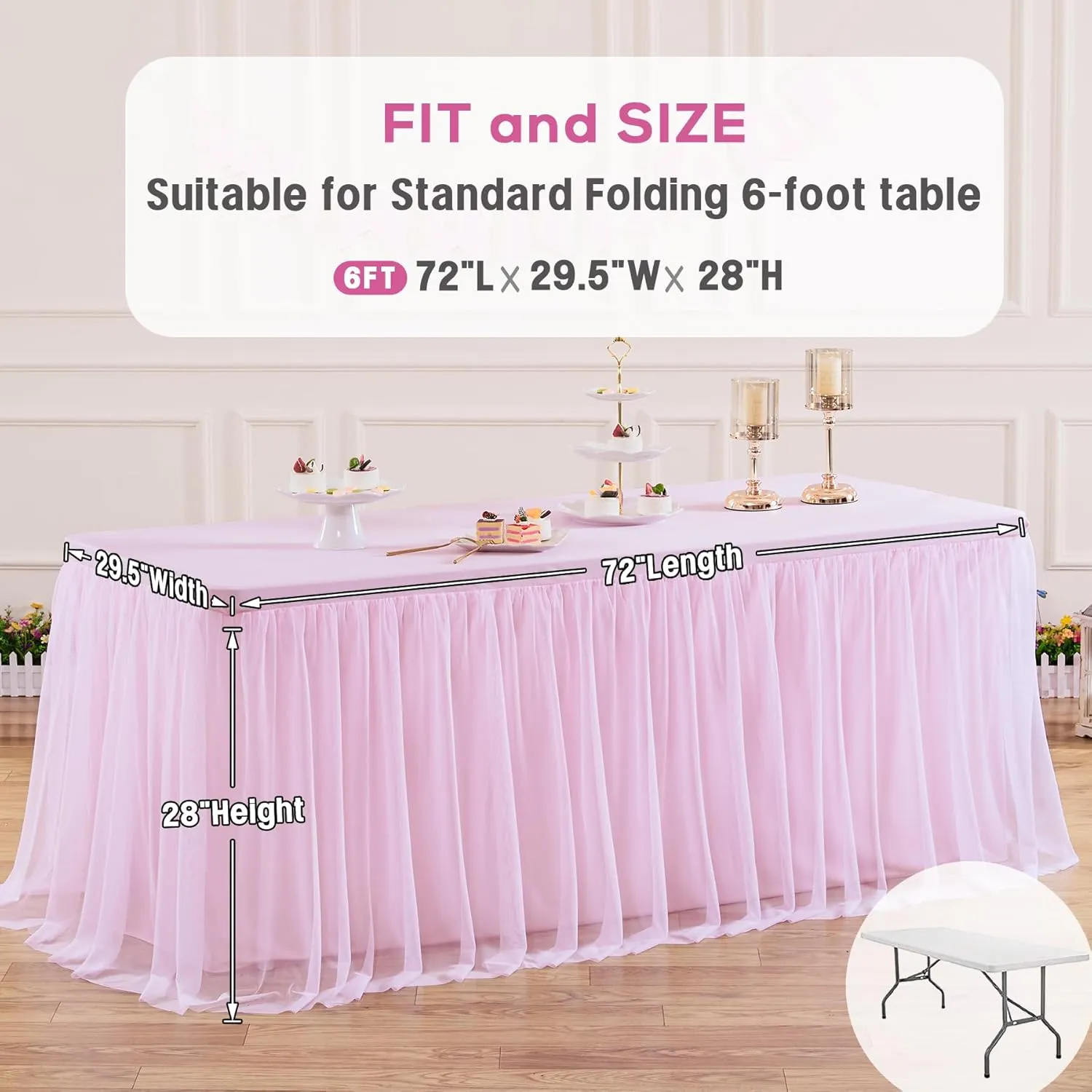 Suppromo 6ft Pink Tablecloths for Rectangle Tables 72 x 30 Inch Pink Rectangular Table Cloth, Wrinkle Free Table Cover with Tutu Skirt for Baby Shower Birthday Party Banquet Buffet Cake Decorations