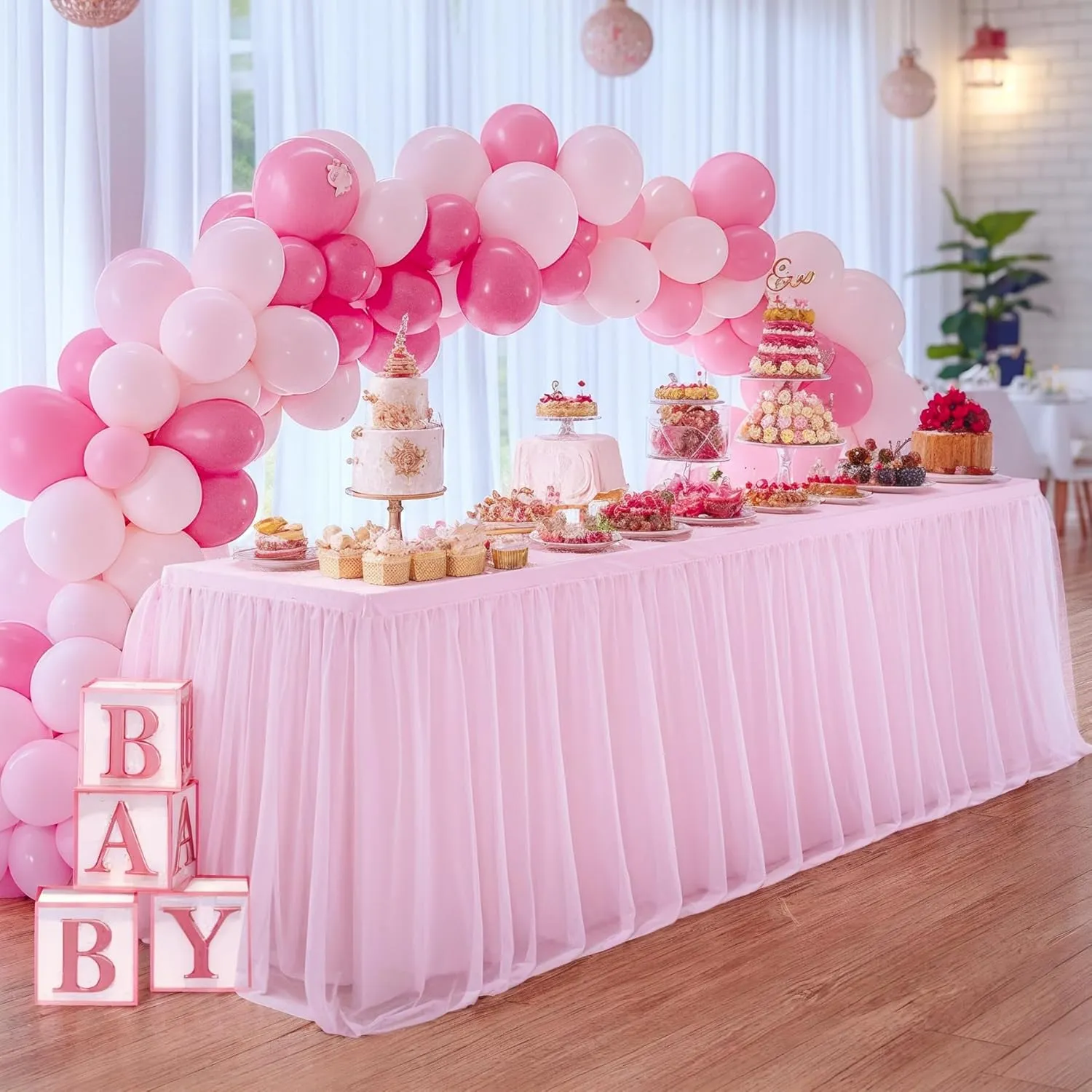 Suppromo 6ft Pink Tablecloths for Rectangle Tables 72 x 30 Inch Pink Rectangular Table Cloth, Wrinkle Free Table Cover with Tutu Skirt for Baby Shower Birthday Party Banquet Buffet Cake Decorations