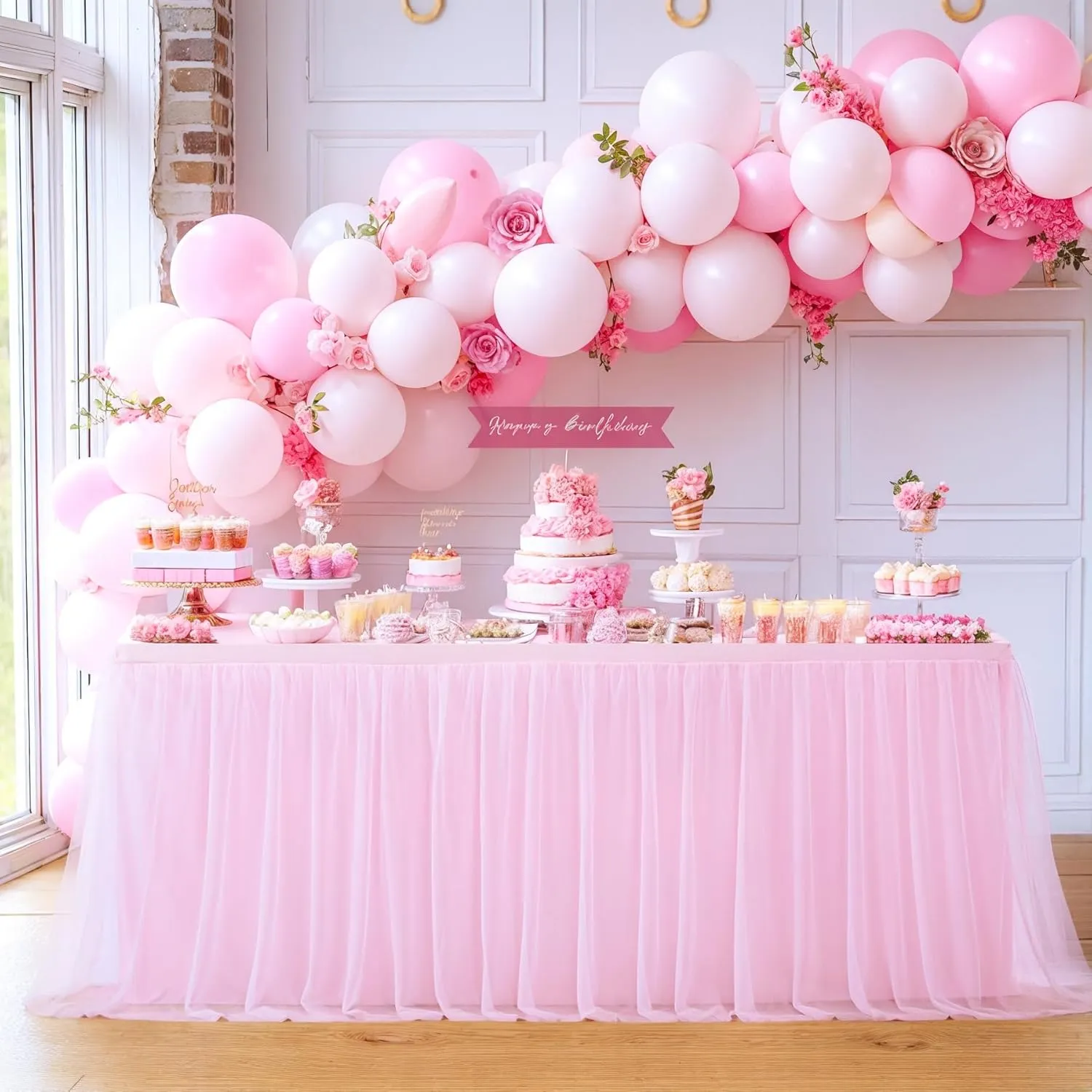 Suppromo 6ft Pink Tablecloths for Rectangle Tables 72 x 30 Inch Pink Rectangular Table Cloth, Wrinkle Free Table Cover with Tutu Skirt for Baby Shower Birthday Party Banquet Buffet Cake Decorations