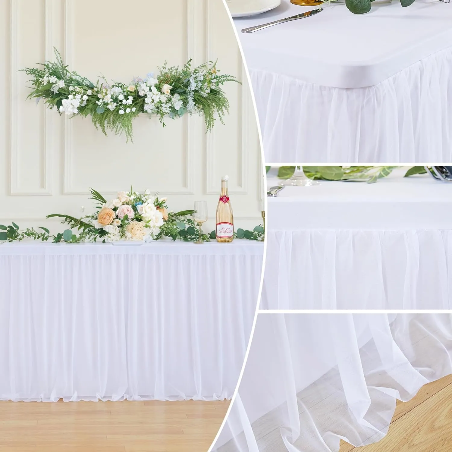 Suppromo White Tulle Tablecloth for 6 Foot Rectangular Tables, 72 x 30 Inch White Rectangle Table Cloth, Wrinkle Free Table Cover with Tutu Skirt for Wedding Birthday Party Banquet Decorations