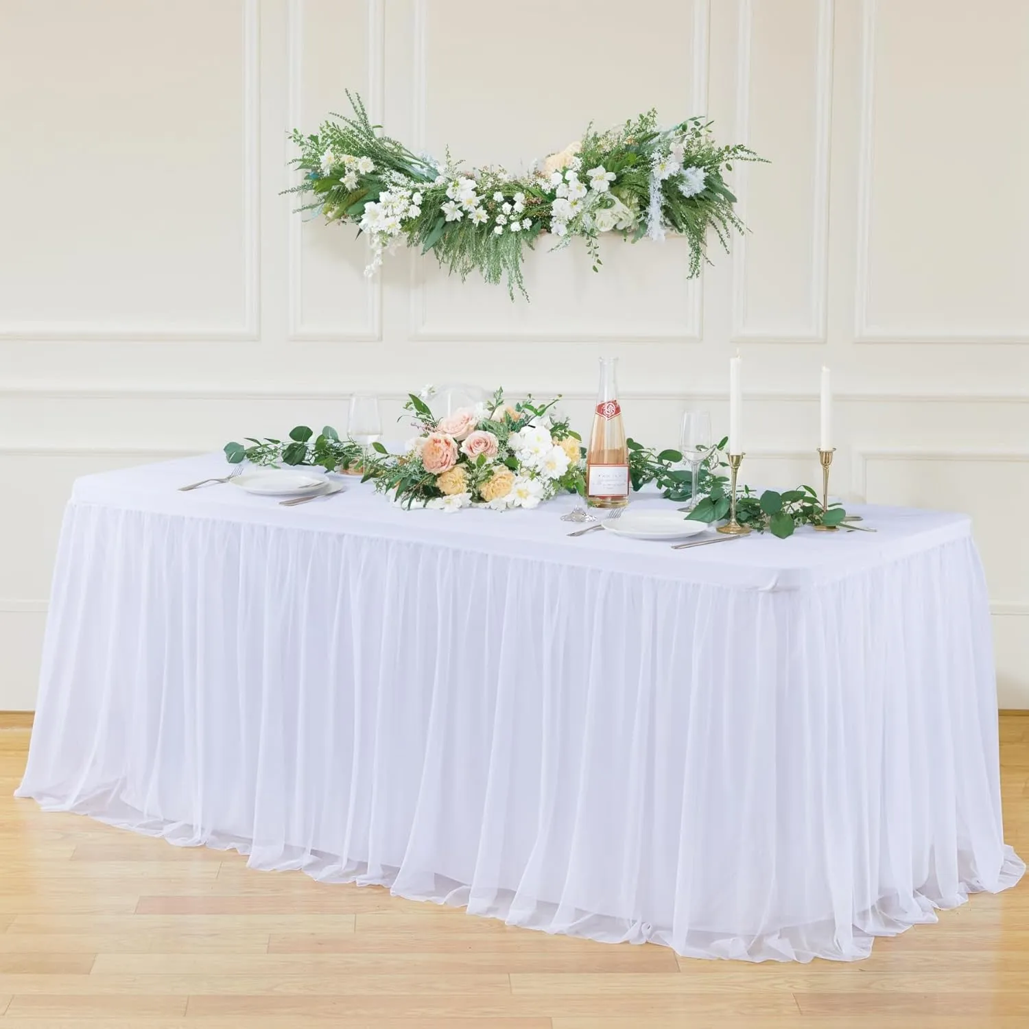 Suppromo White Tulle Tablecloth for 6 Foot Rectangular Tables, 72 x 30 Inch White Rectangle Table Cloth, Wrinkle Free Table Cover with Tutu Skirt for Wedding Birthday Party Banquet Decorations