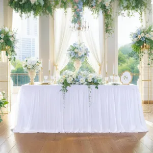 Suppromo White Tulle Tablecloth for 6 Foot Rectangular Tables, 72 x 30 Inch White Rectangle Table Cloth, Wrinkle Free Table Cover with Tutu Skirt for Wedding Birthday Party Banquet Decorations