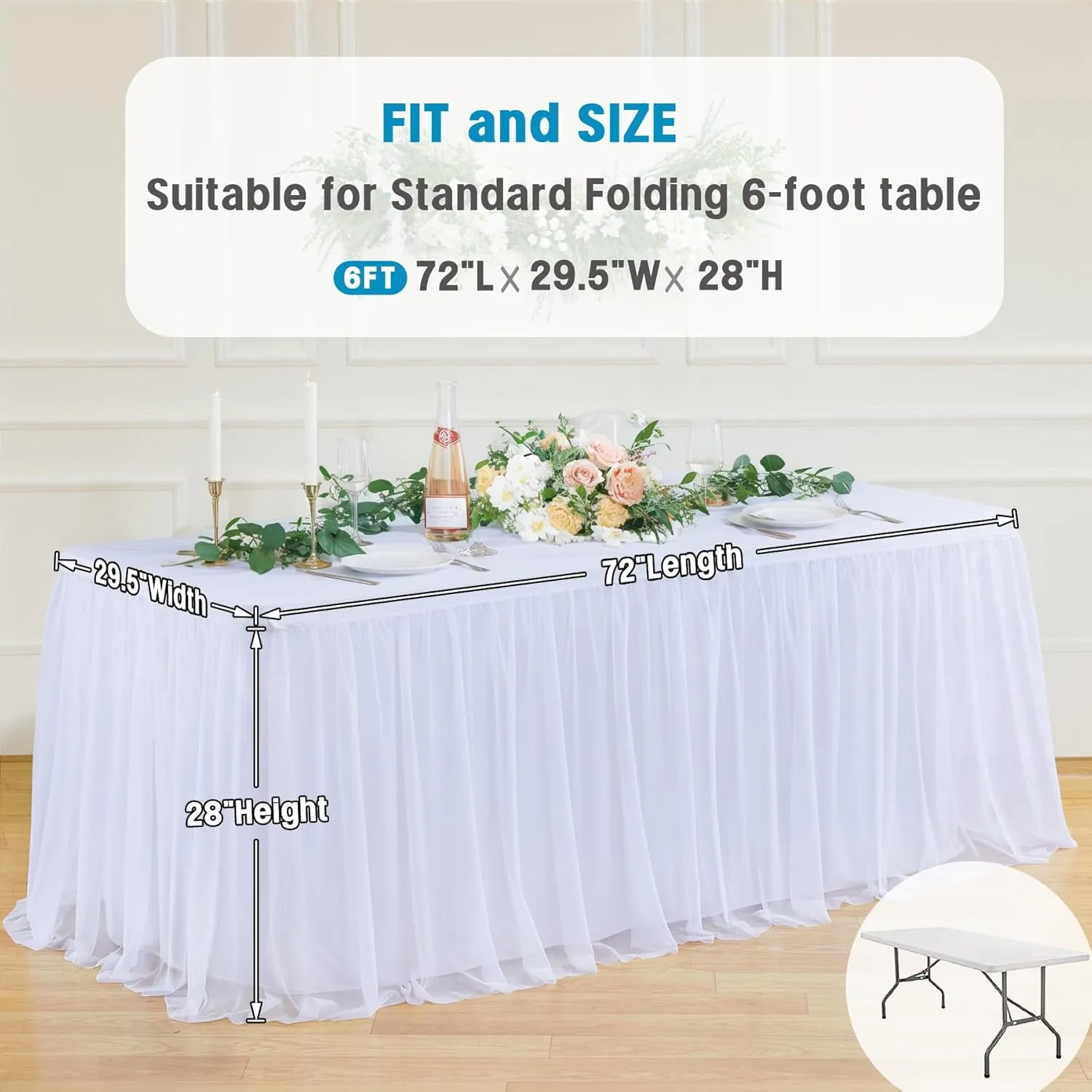 Suppromo White Tulle Tablecloth for 6 Foot Rectangular Tables, 72 x 30 Inch White Rectangle Table Cloth, Wrinkle Free Table Cover with Tutu Skirt for Wedding Birthday Party Banquet Decorations