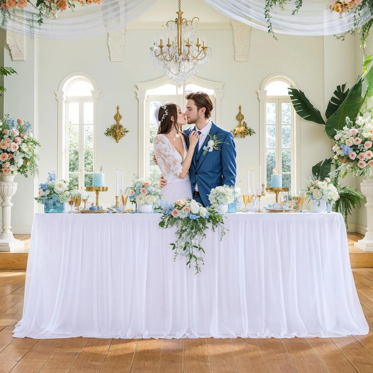 Suppromo White Tulle Tablecloth for 6 Foot Rectangular Tables, 72 x 30 Inch White Rectangle Table Cloth, Wrinkle Free Table Cover with Tutu Skirt for Wedding Birthday Party Banquet Decorations