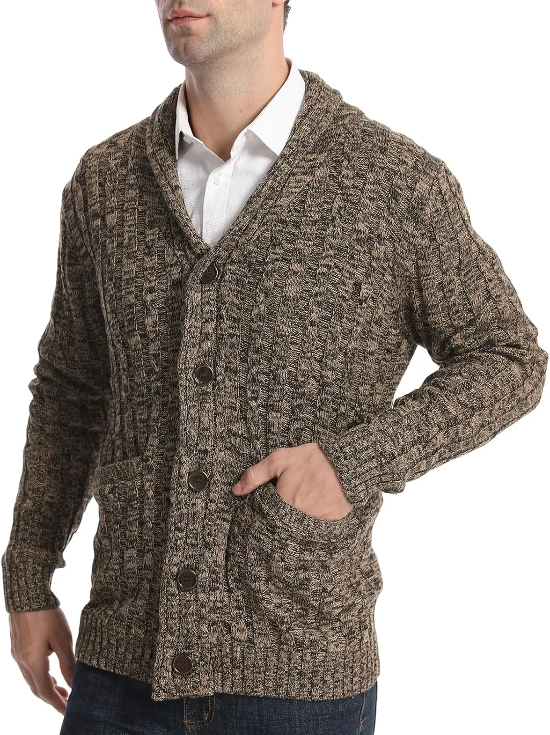 Suwangi Men's Cardigan Sweater Cable Knitted Shawl Collar Cardigans for Men V Neck Long-Sleeve Button-Down Slim Fit Sweater