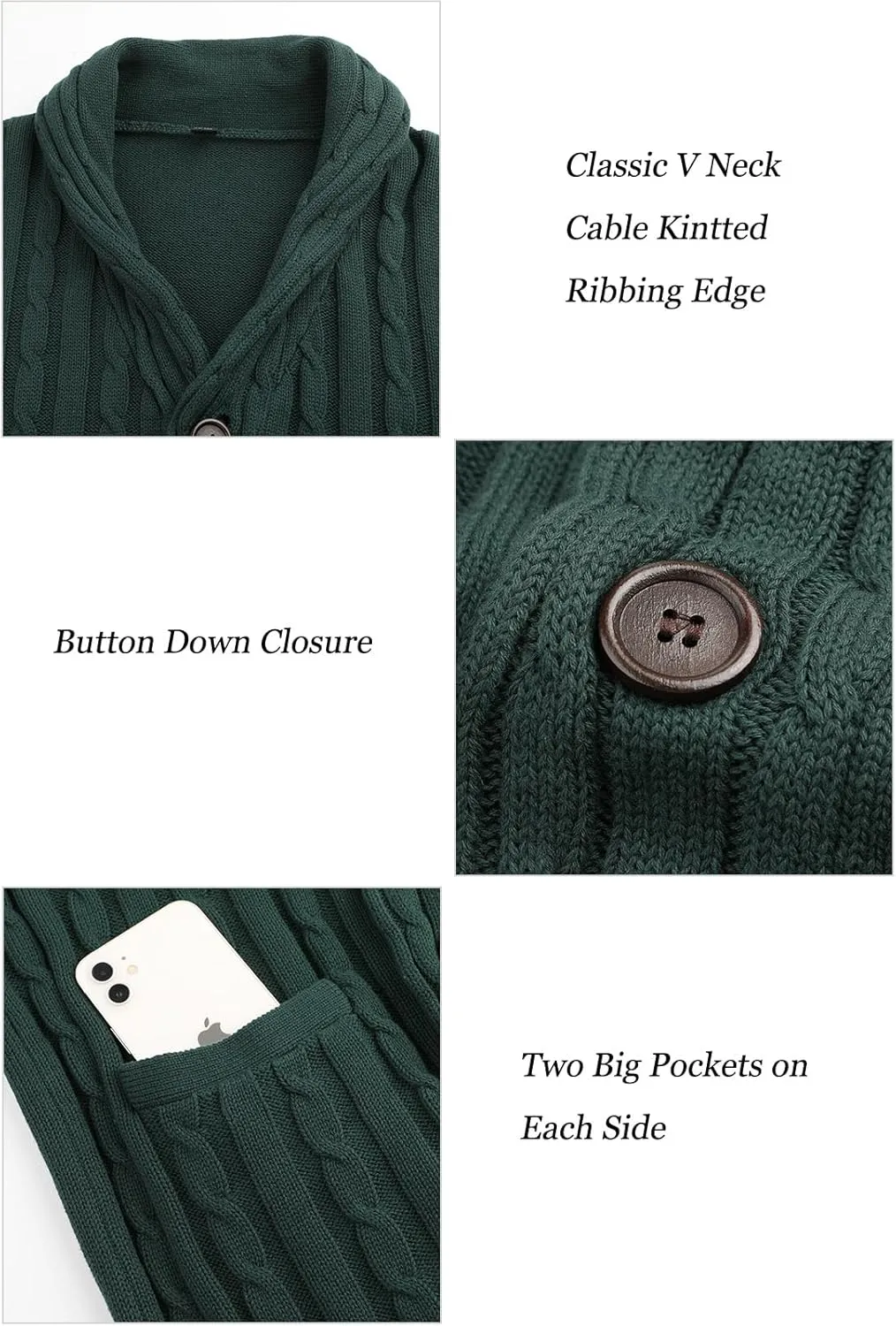 Suwangi Men's Cardigan Sweater Cable Knitted Shawl Collar Cardigans for Men V Neck Long-Sleeve Button-Down Slim Fit Sweater