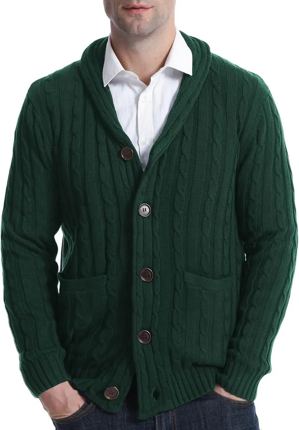 Suwangi Men's Cardigan Sweater Cable Knitted Shawl Collar Cardigans for Men V Neck Long-Sleeve Button-Down Slim Fit Sweater