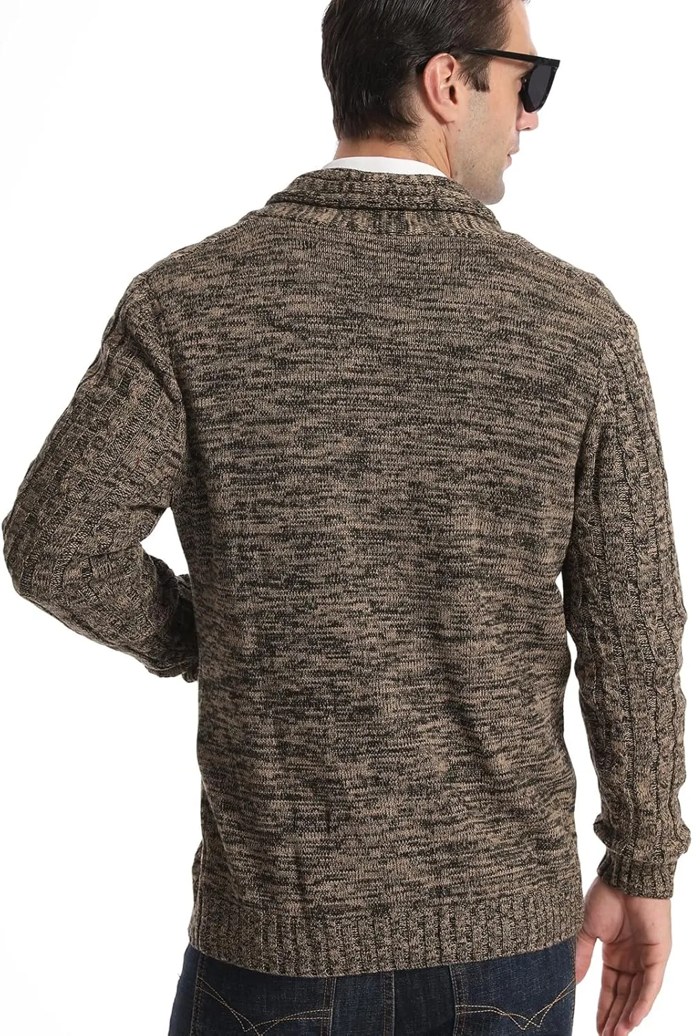 Suwangi Men's Cardigan Sweater Cable Knitted Shawl Collar Cardigans for Men V Neck Long-Sleeve Button-Down Slim Fit Sweater