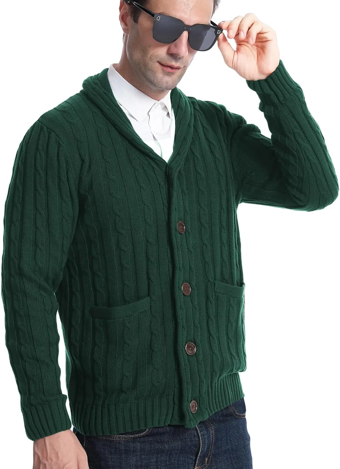 Suwangi Men's Cardigan Sweater Cable Knitted Shawl Collar Cardigans for Men V Neck Long-Sleeve Button-Down Slim Fit Sweater