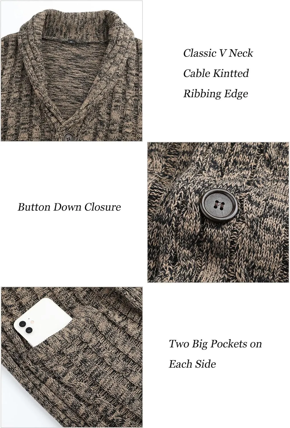 Suwangi Men's Cardigan Sweater Cable Knitted Shawl Collar Cardigans for Men V Neck Long-Sleeve Button-Down Slim Fit Sweater
