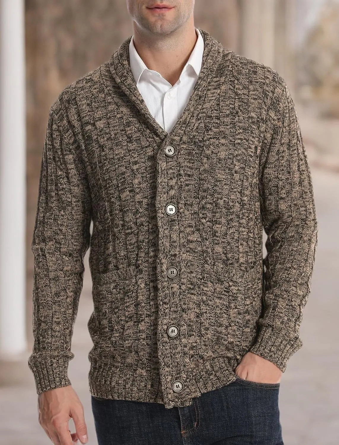 Suwangi Men's Cardigan Sweater Cable Knitted Shawl Collar Cardigans for Men V Neck Long-Sleeve Button-Down Slim Fit Sweater