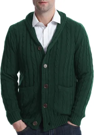Suwangi Men's Cardigan Sweater Cable Knitted Shawl Collar Cardigans for Men V Neck Long-Sleeve Button-Down Slim Fit Sweater