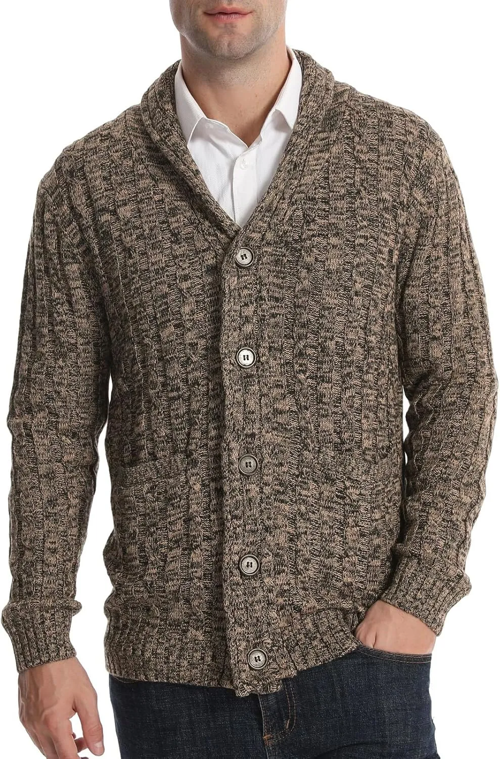 Suwangi Men's Cardigan Sweater Cable Knitted Shawl Collar Cardigans for Men V Neck Long-Sleeve Button-Down Slim Fit Sweater