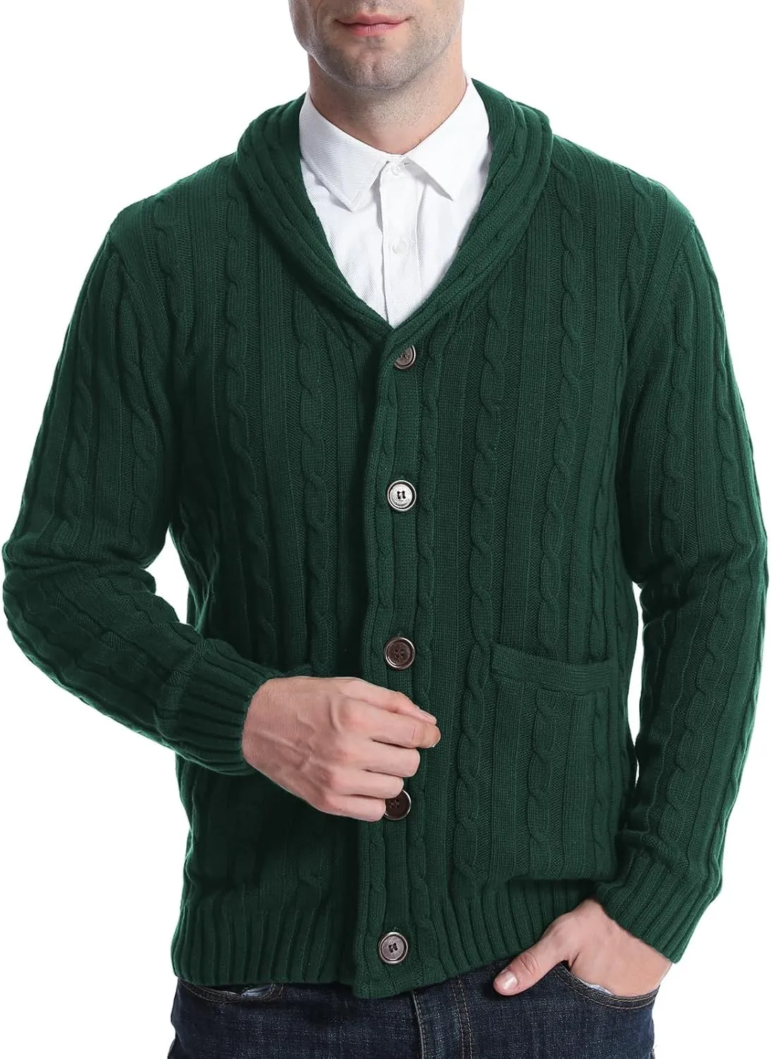 Suwangi Men's Cardigan Sweater Cable Knitted Shawl Collar Cardigans for Men V Neck Long-Sleeve Button-Down Slim Fit Sweater