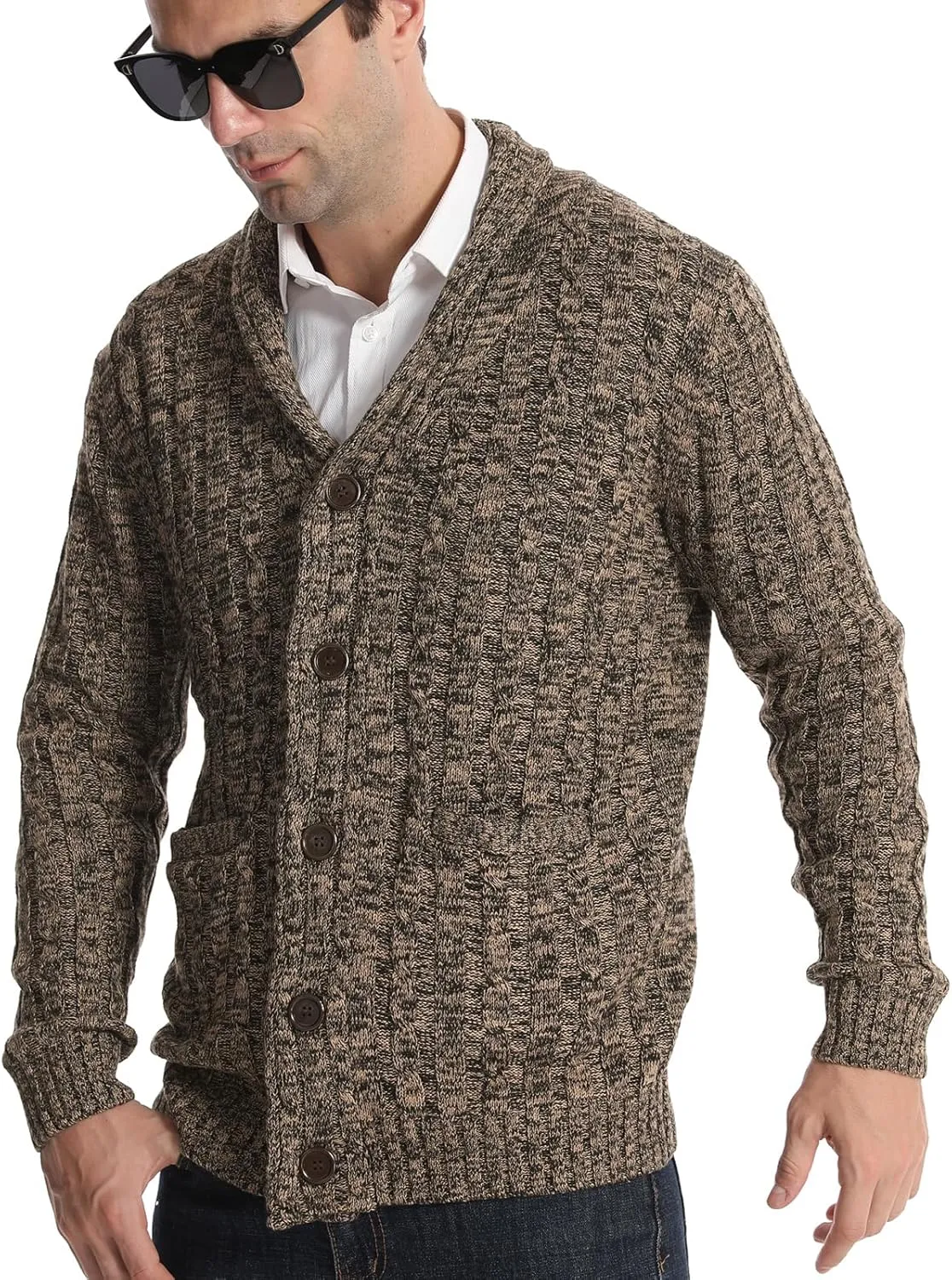 Suwangi Men's Cardigan Sweater Cable Knitted Shawl Collar Cardigans for Men V Neck Long-Sleeve Button-Down Slim Fit Sweater