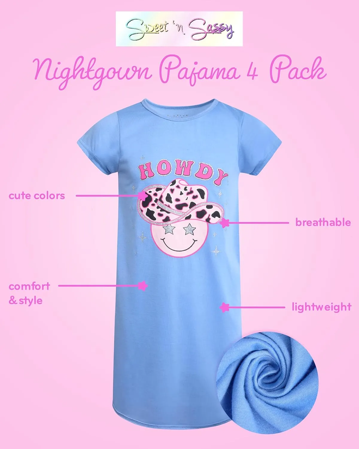 Sweet & Sassy Girls Nightgowns - 4 Pack Short Sleeve Night Gown Sleepwear Pajama Dress for Kids (Size: 4-14)