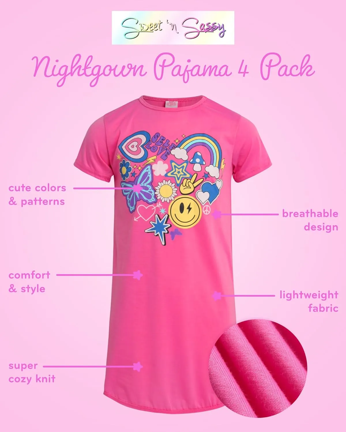 Sweet & Sassy Girls Nightgowns - 4 Pack Short Sleeve Night Gown Sleepwear Pajama Dress for Kids (Size: 4-14)