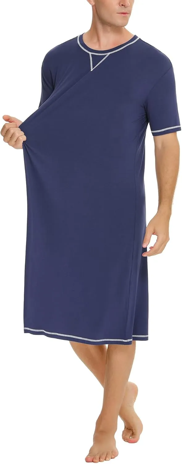SWOMOG Men's Nightshirt Short Sleeve Nightgown Soft Loose Sleepwear Lightweight Nightwear Comfy Henley Sleep Shirt S-XXL
