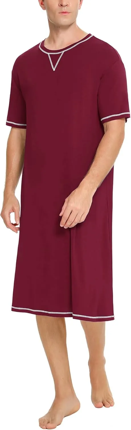 SWOMOG Men's Nightshirt Short Sleeve Nightgown Soft Loose Sleepwear Lightweight Nightwear Comfy Henley Sleep Shirt S-XXL