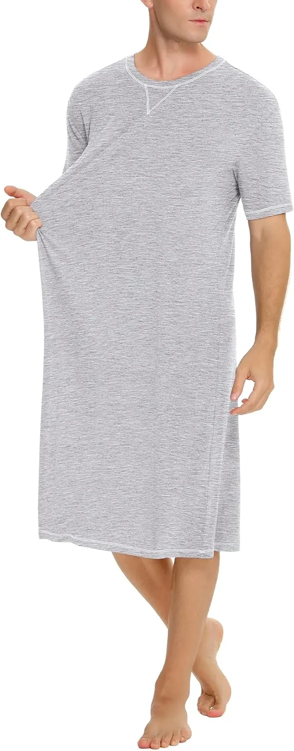 SWOMOG Men's Nightshirt Short Sleeve Nightgown Soft Loose Sleepwear Lightweight Nightwear Comfy Henley Sleep Shirt S-XXL