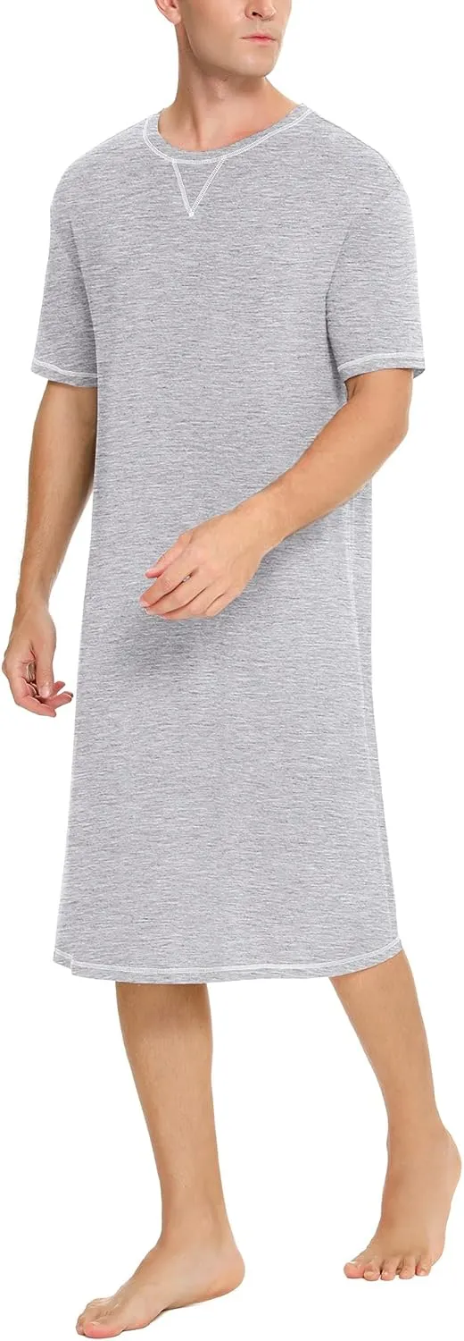 SWOMOG Men's Nightshirt Short Sleeve Nightgown Soft Loose Sleepwear Lightweight Nightwear Comfy Henley Sleep Shirt S-XXL