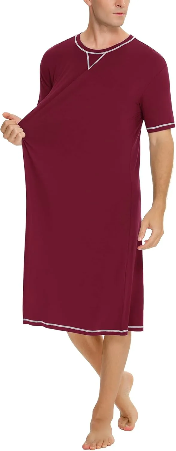 SWOMOG Men's Nightshirt Short Sleeve Nightgown Soft Loose Sleepwear Lightweight Nightwear Comfy Henley Sleep Shirt S-XXL