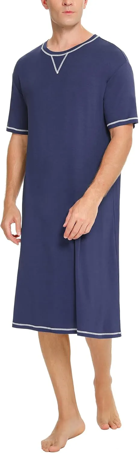 SWOMOG Men's Nightshirt Short Sleeve Nightgown Soft Loose Sleepwear Lightweight Nightwear Comfy Henley Sleep Shirt S-XXL