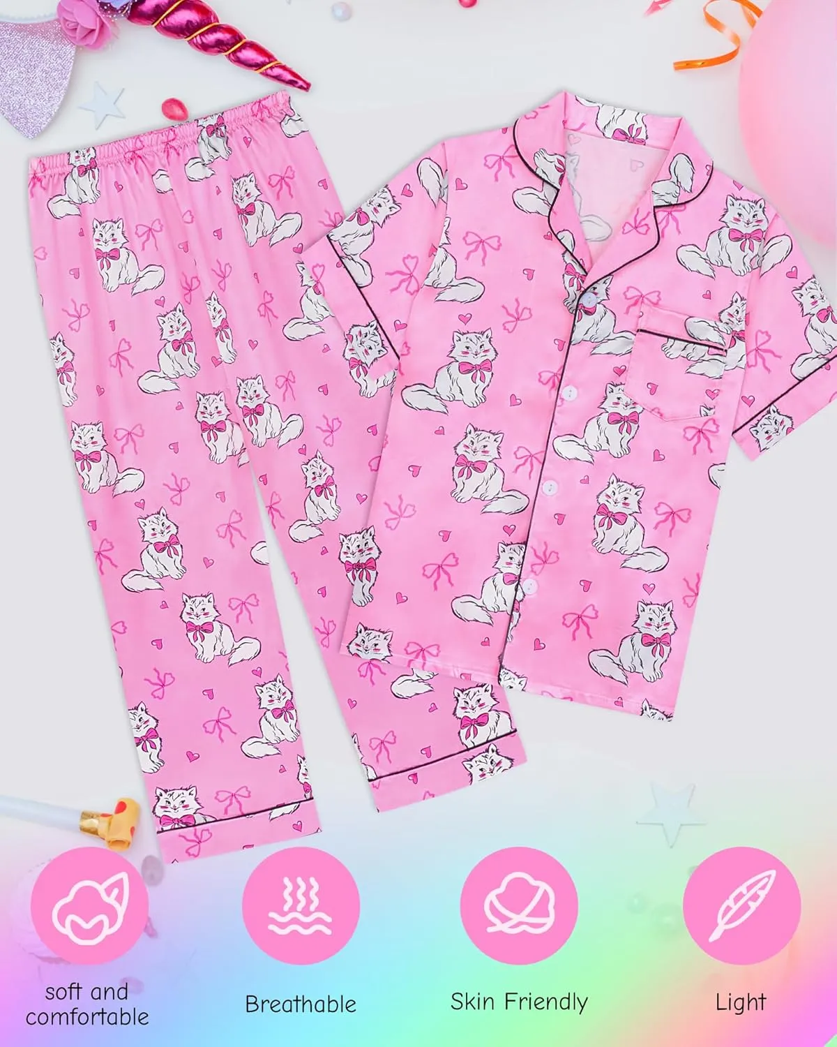 Sylfairy Girls Pajamas Silk PJS Set Rainbow Unicorn Sleepwear Short Sleeve Long Pants Jammies for Toddler Kids
