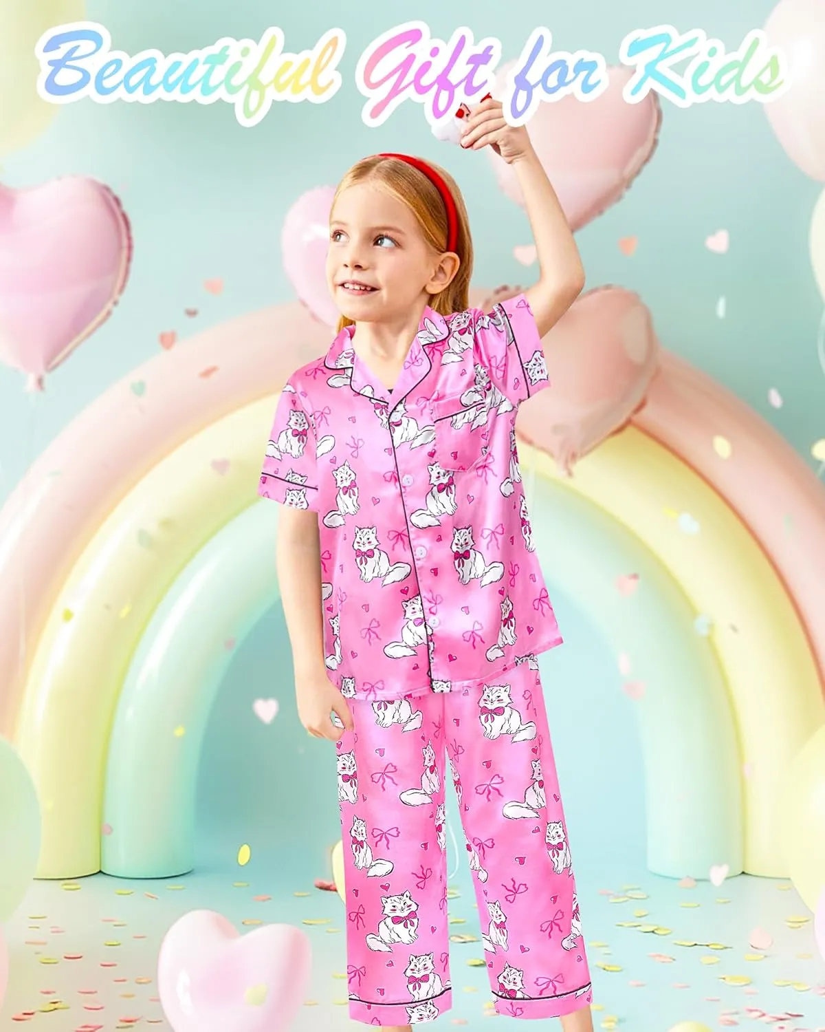 Sylfairy Girls Pajamas Silk PJS Set Rainbow Unicorn Sleepwear Short Sleeve Long Pants Jammies for Toddler Kids