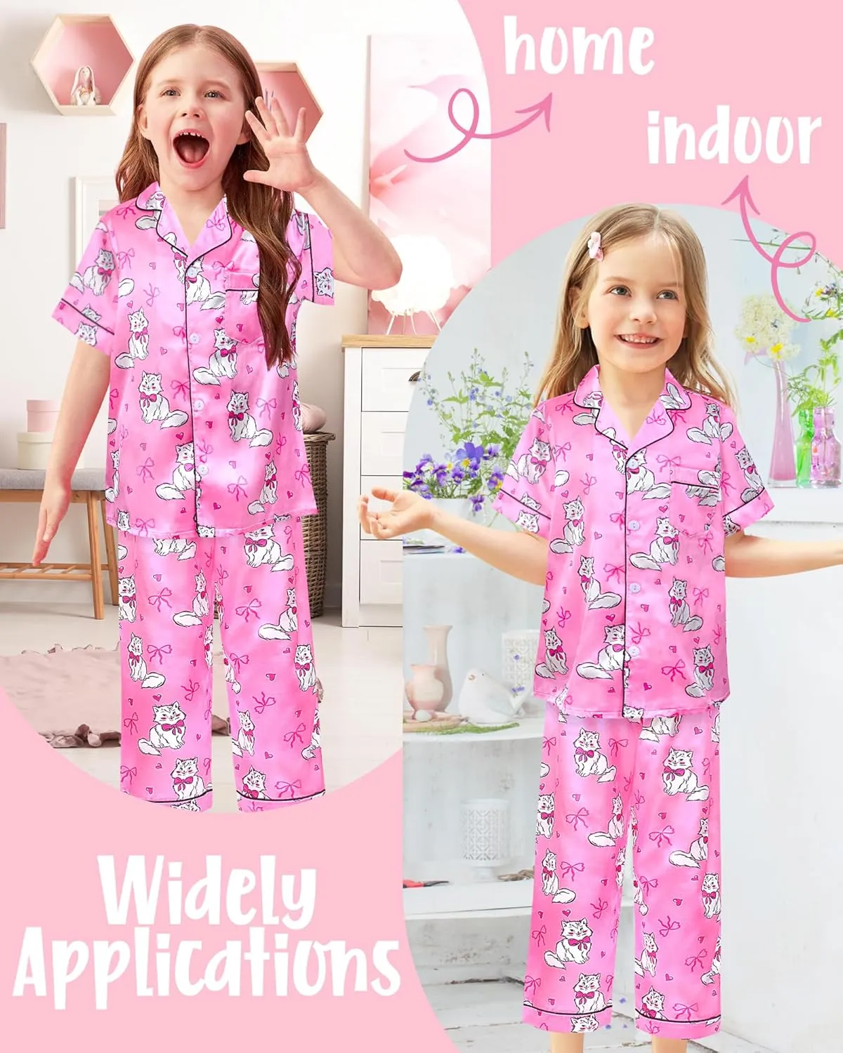 Sylfairy Girls Pajamas Silk PJS Set Rainbow Unicorn Sleepwear Short Sleeve Long Pants Jammies for Toddler Kids