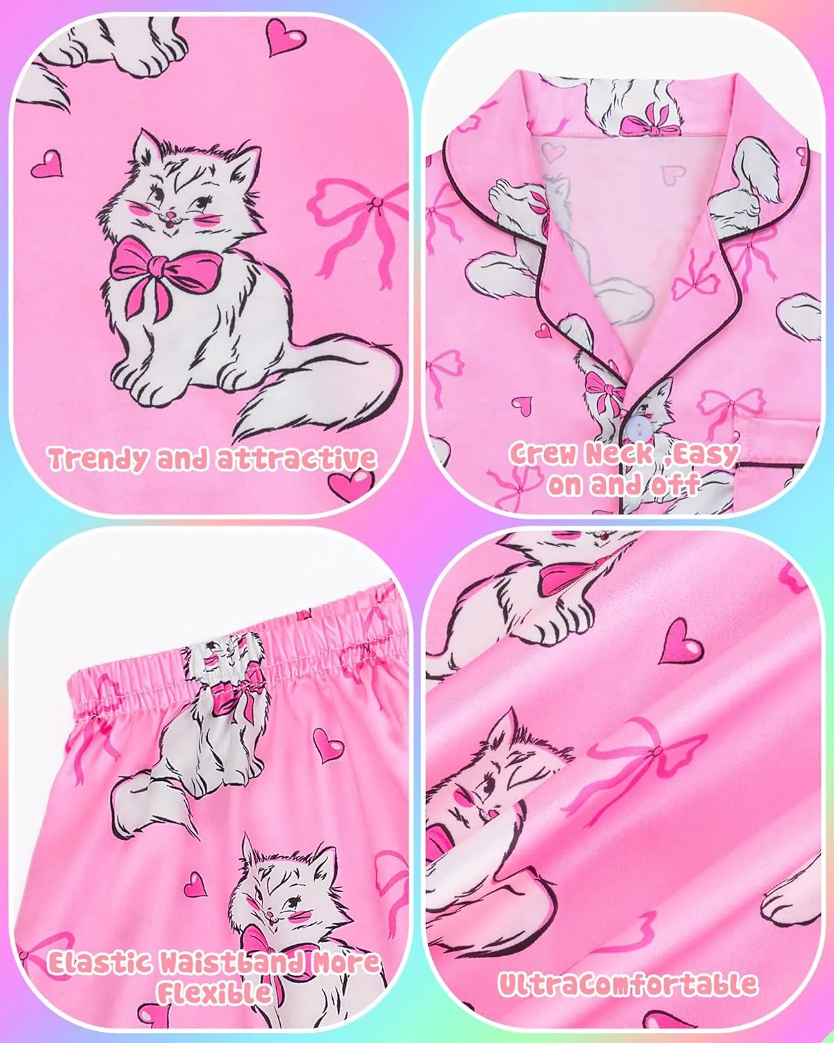 Sylfairy Girls Pajamas Silk PJS Set Rainbow Unicorn Sleepwear Short Sleeve Long Pants Jammies for Toddler Kids